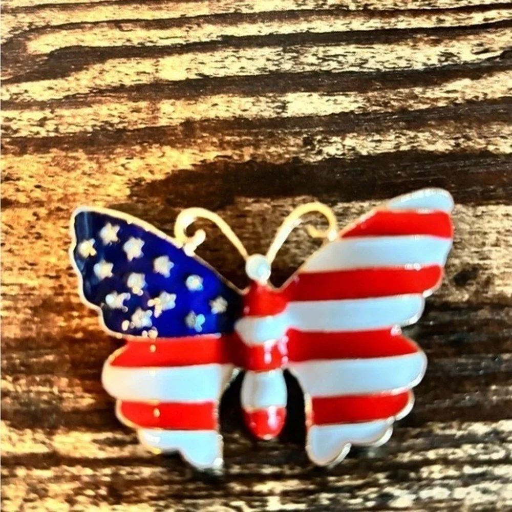 American Flag Butterfly Brooch in Red, White and Blue with Stars